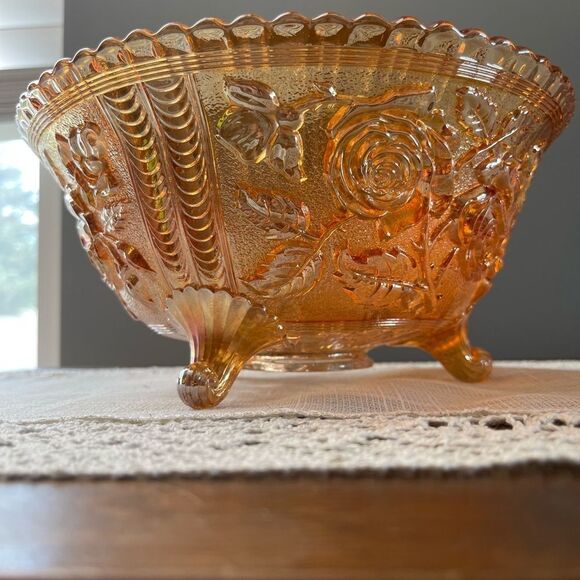 Vintage Fenton Marigold Carnival Imperial Open Rose Footed Bowl 10" dia. EUC - Picture 3 of 14